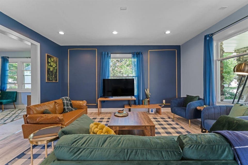 Mid-century interior for the living room with windows with curtains