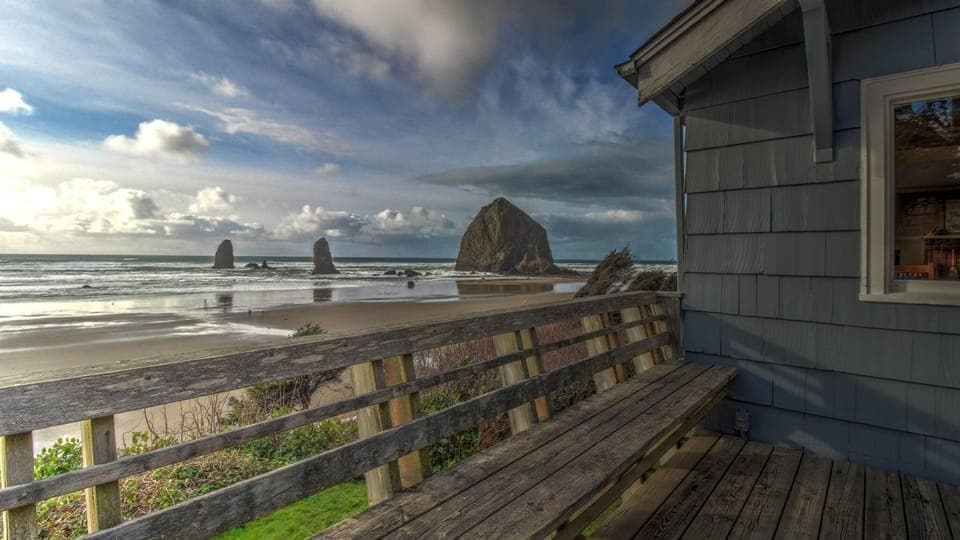 Neilson’s View of Haystack Rock and Ocean From Deck - Deck showing view of Haystack Rock and the ocean.