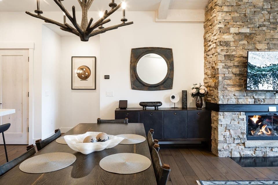 Indoors, Fireplace, Furniture, Table, Dining Room