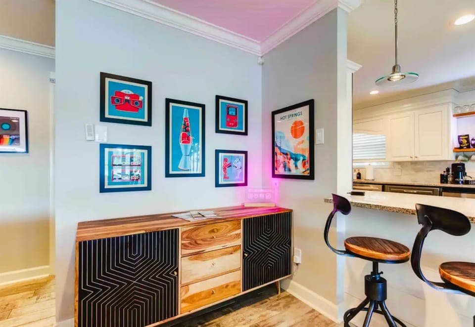 The stylish decor adds a touch of personality and charm to the kitchen area.