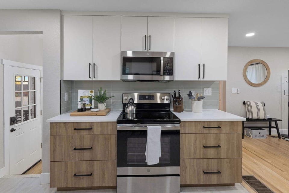 The kitchen is always stocked with dishes, utensils, silverware and cookware.