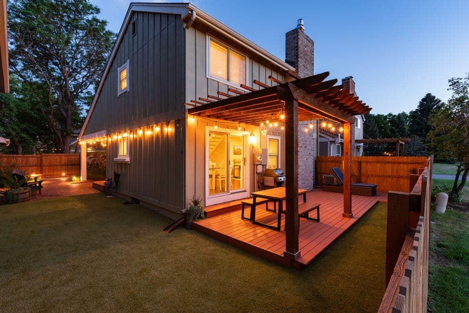 Enjoy a beautiful summer evening outdoors with the well lit dining area.