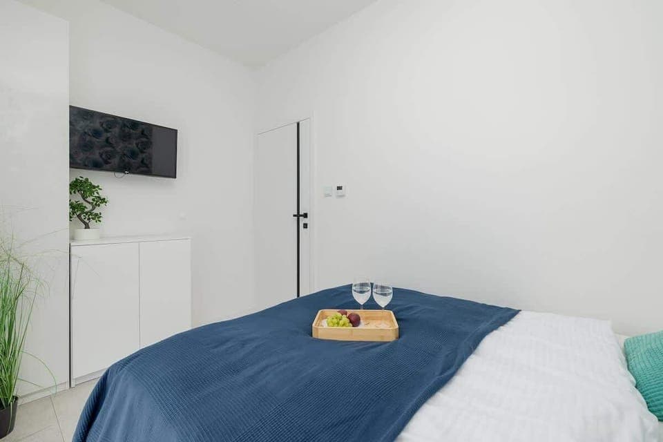 Bright white bedroom with plant decor and blue accents.

