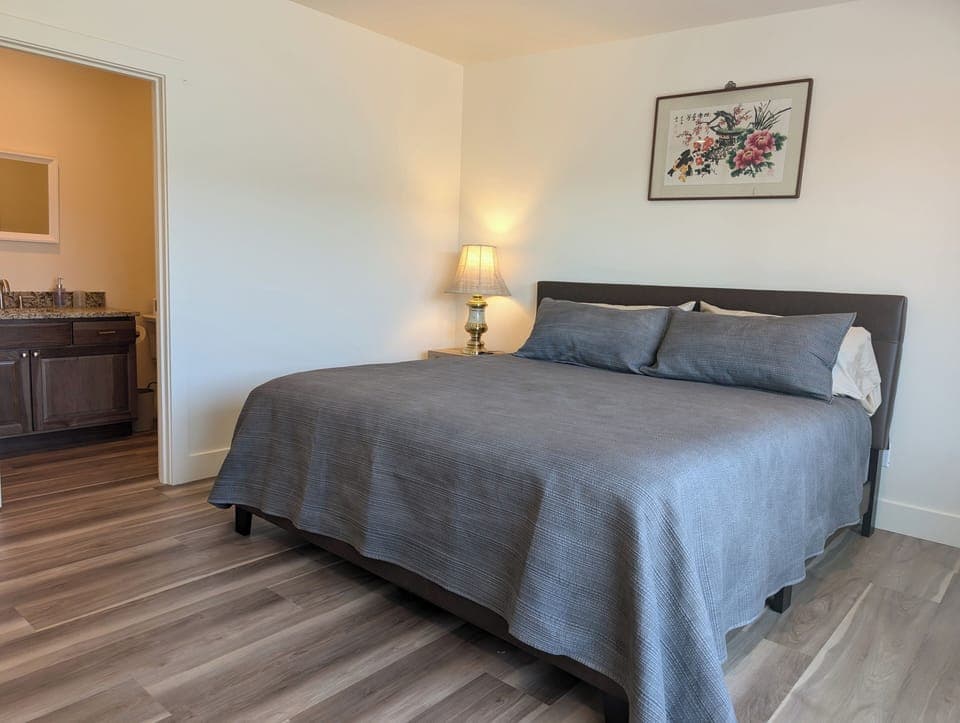 King bed with Smart TV and private bathroom and porch.