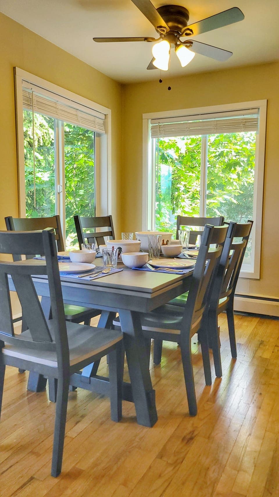 A lovely table for 6? with large windows to enjoy the trees.