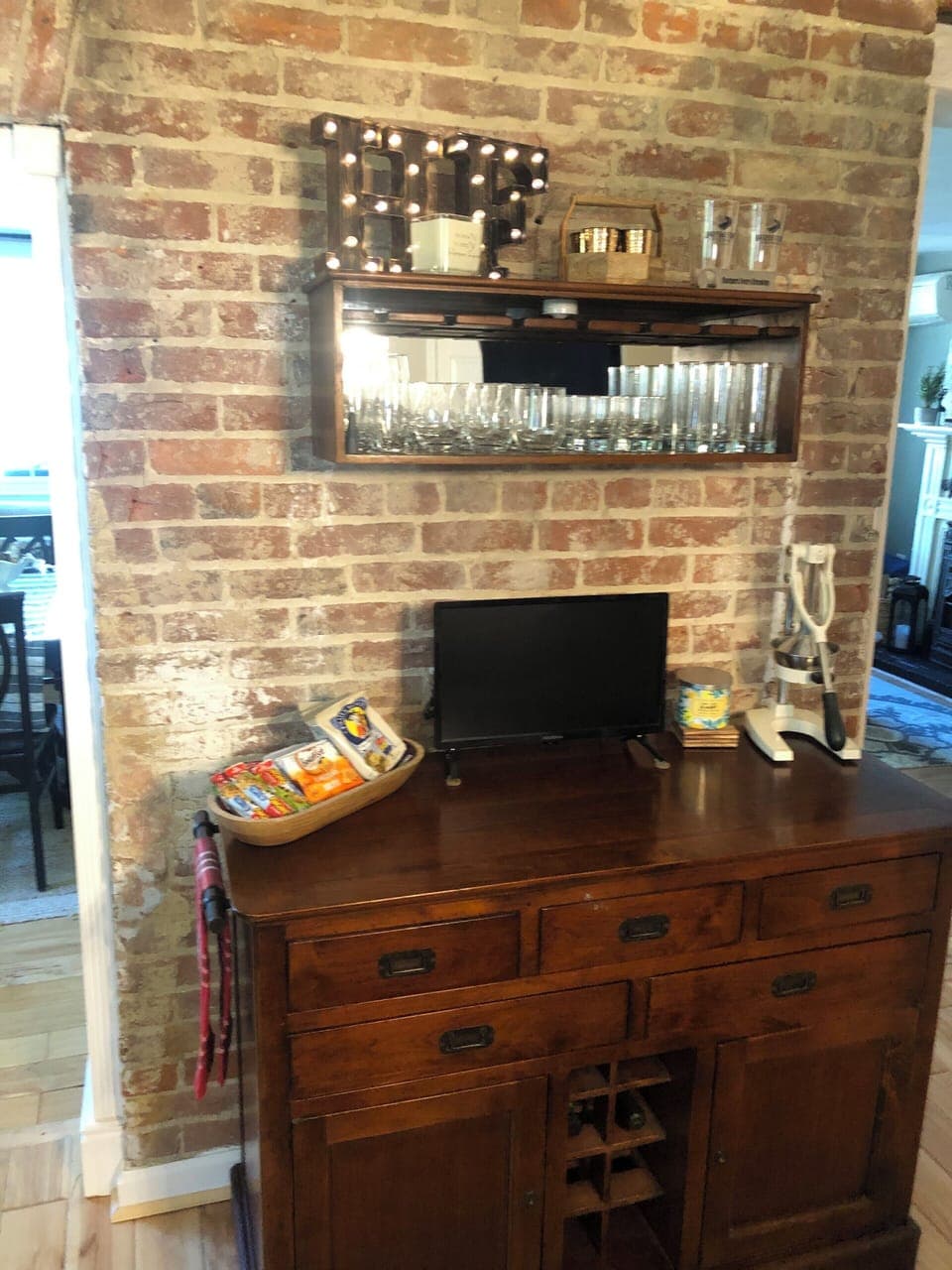 Brick feature wall in kitchen.