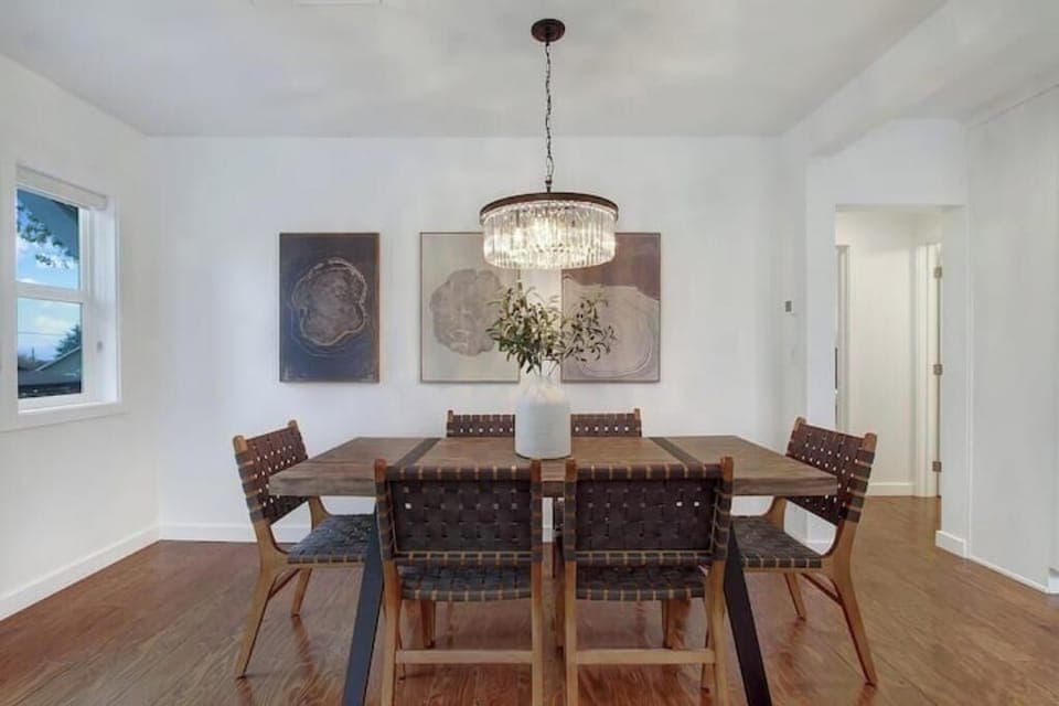 Dining table with leather dining chairs
