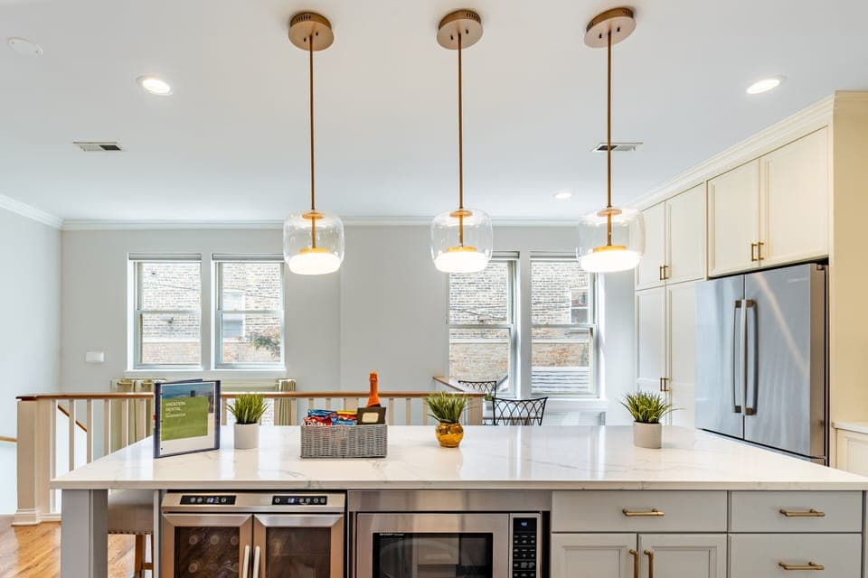 Indoors, Kitchen, Microwave, Kitchen Island, Refrigerator