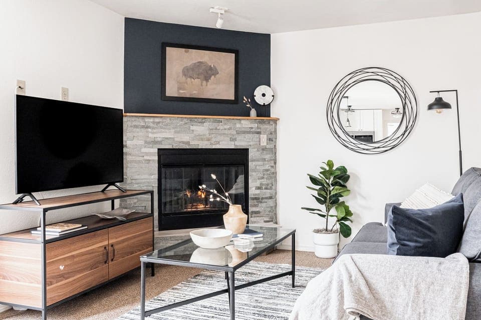Living area with gas fireplace.