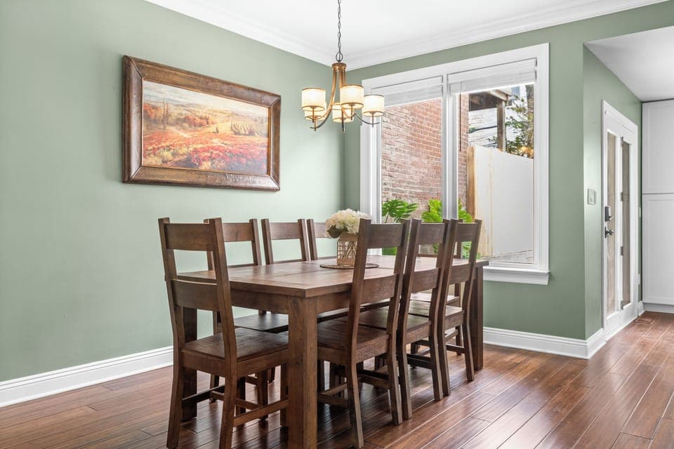 Large dining space that seats 8 is perfect for family and friends gatherings