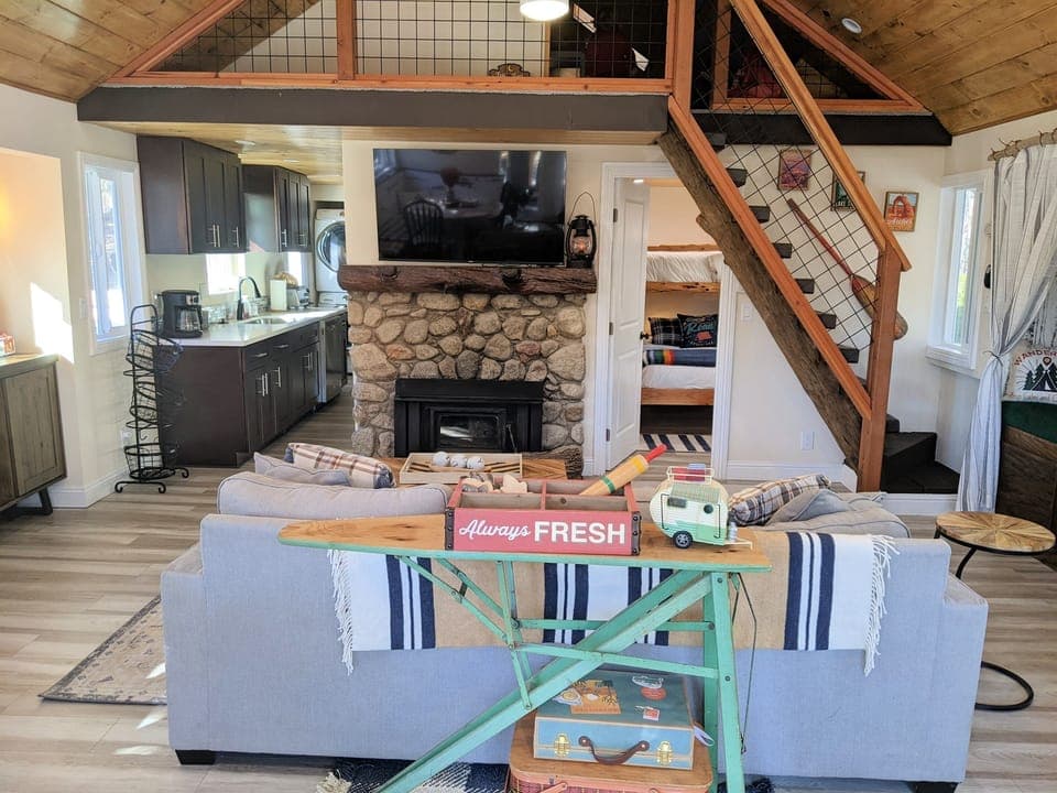 Our stone wood burning fireplace in the main cabin is perfect for cool mountain nights.