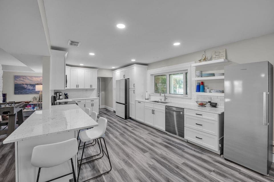 Indoors, Floor, Kitchen, Flooring, Refrigerator