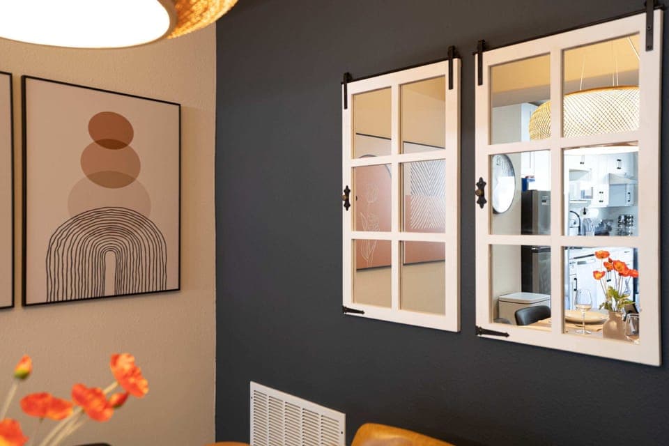 Dine in a stylish space with unique decor, including beautiful mirrored accents that add a touch of elegance.