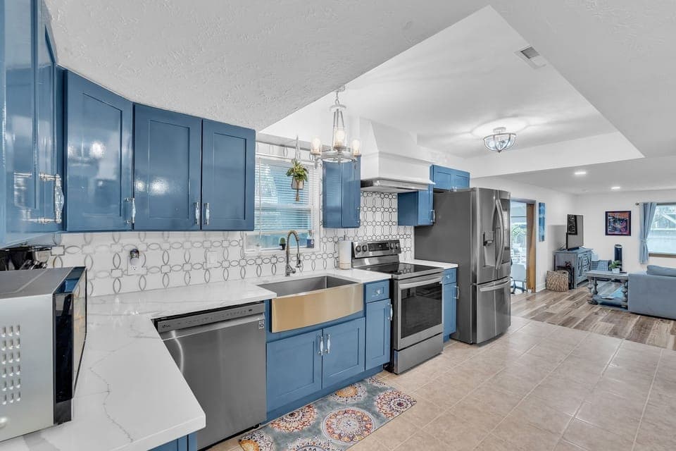 Indoors, Kitchen, Floor, Sink, Refrigerator