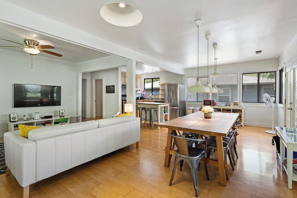 Open concept living room, dining room, and kitchen.