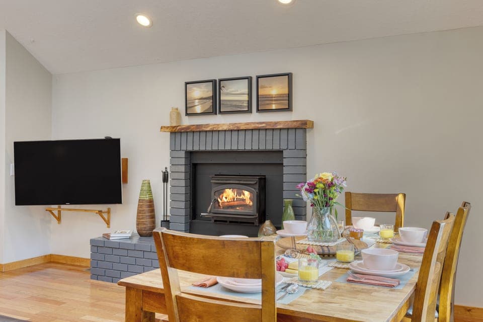 Fireplace near the dining table.