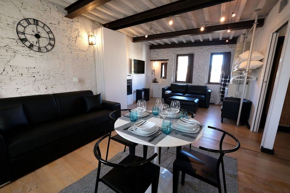 Furniture, Table, Couch, Living Room, Interior Design, Clock, Floor, Flooring, Wood, Studio Couch