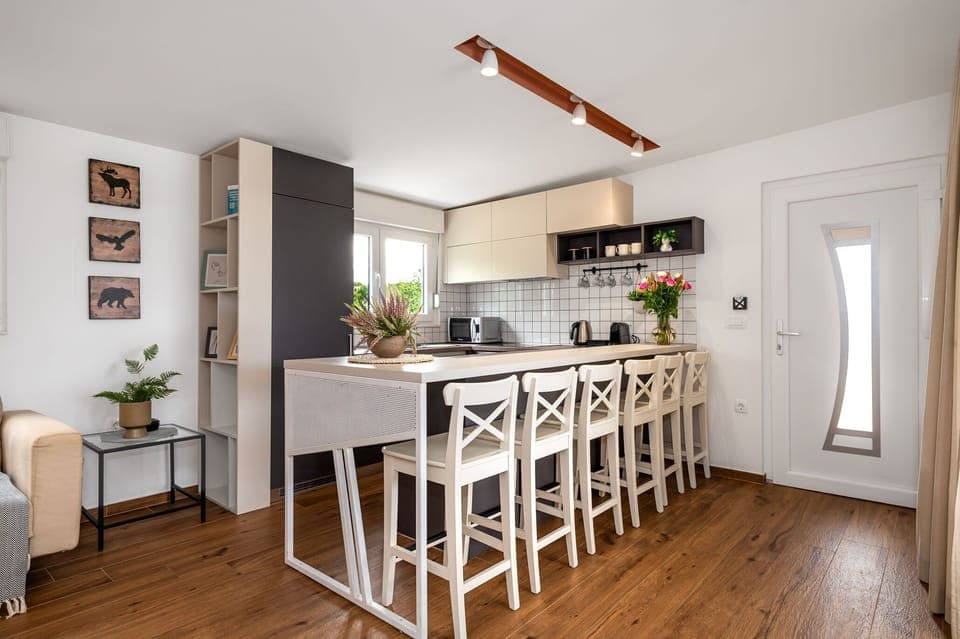 Villa | Private kitchen | Fridge, microwave, oven, stovetop