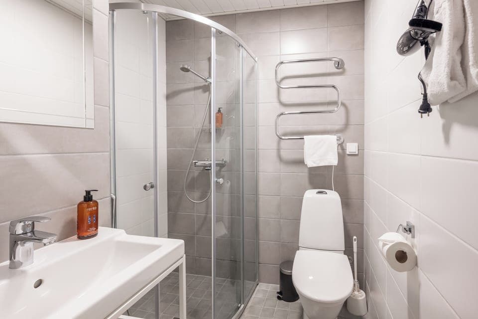 Shower, hair dryer, towels, soap
