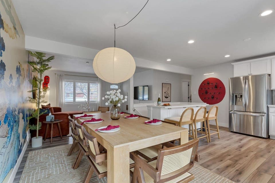 Dining area for 8 in an open floor plan concept with the kitchen