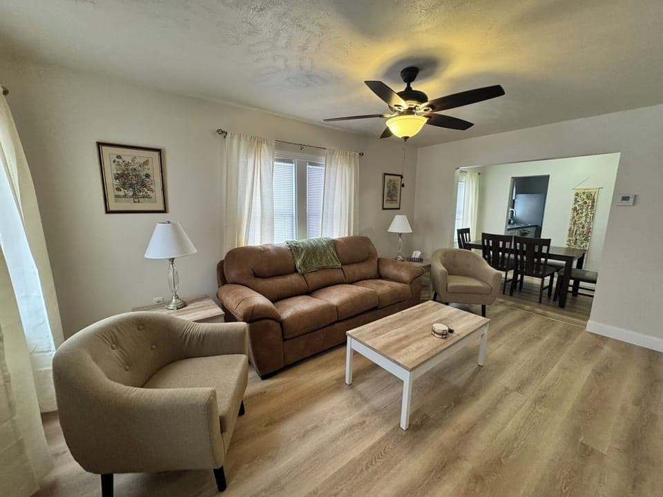 Living room with seating, Smart TV and Board Games