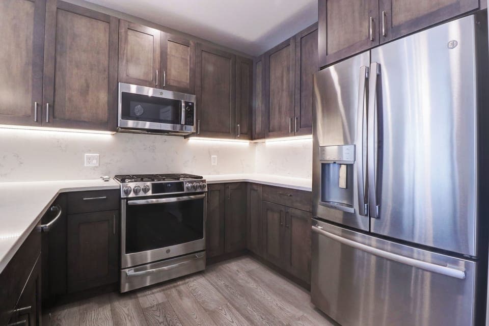 Nicely updated kitchen featuring stainless steel appliances.