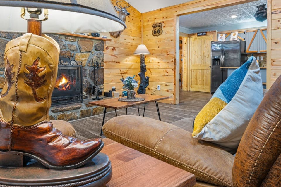 The living room is the heart of the cabin - comfort meets natural charm.