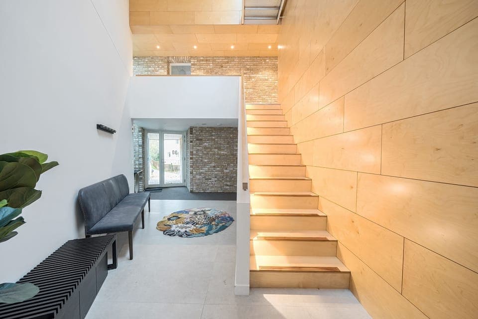 Jessamy, Wimborne: The entrance hall and stairs leading to the first floor