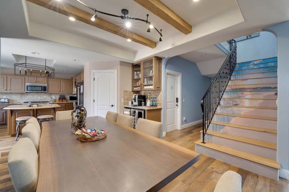 Dining area, coffee bar, kitchen, stairs to second living room and upstairs bed and bath