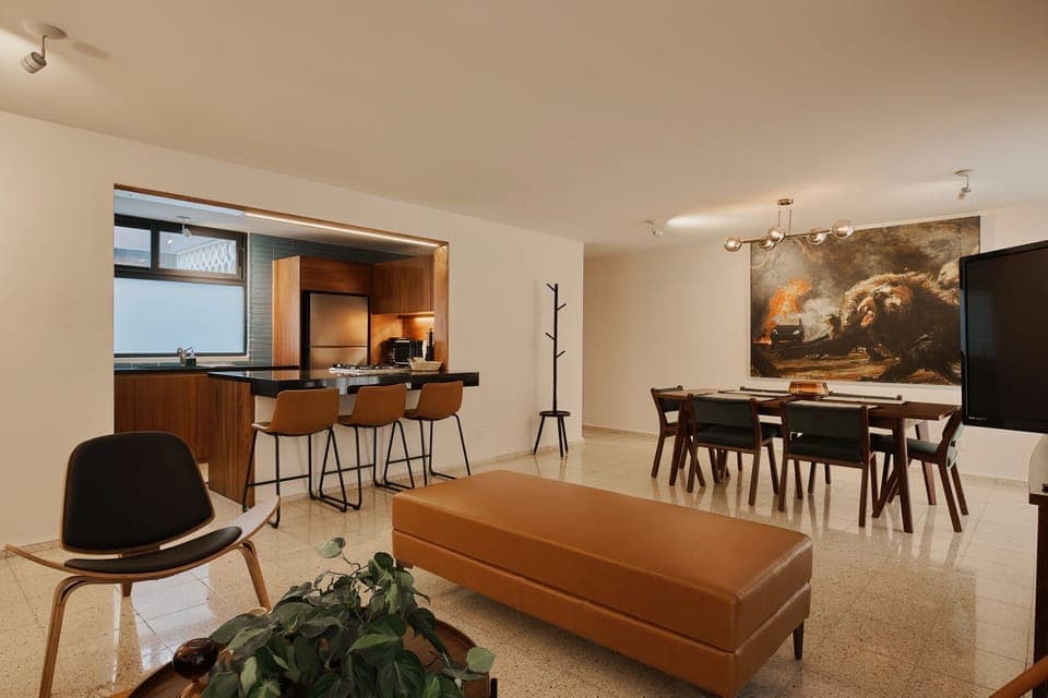 View from the living area, kitchen and dining area.