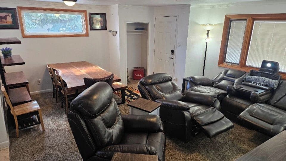 All  leather Living room furniture with baseball stitching & Solid cherry table