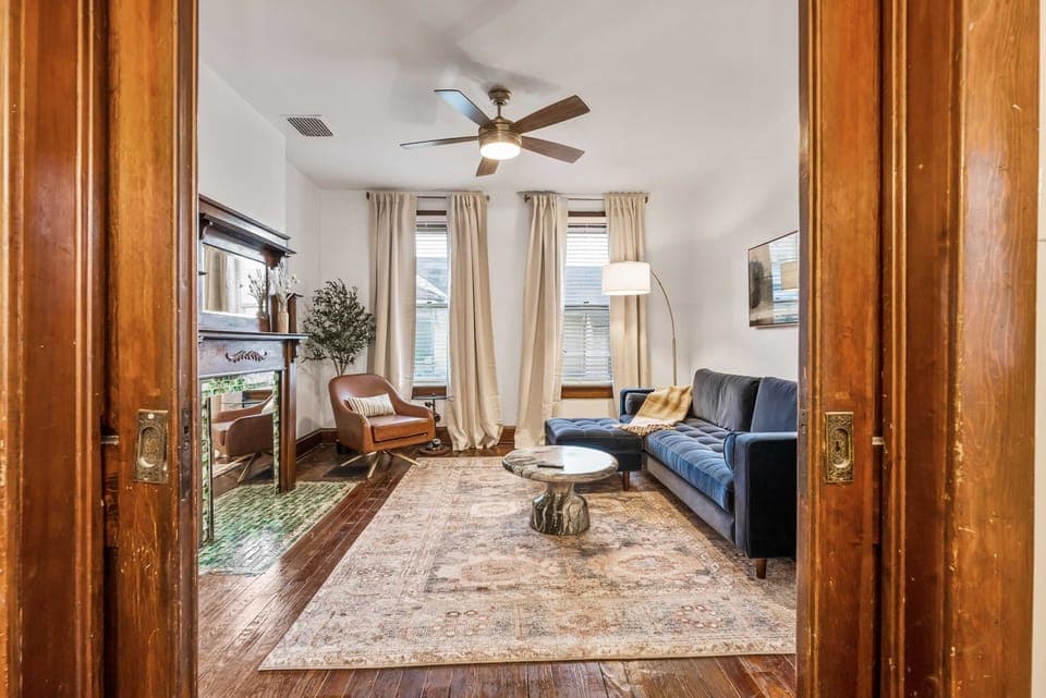 Curl up in the chic living room & stream your favorites on the smart TV