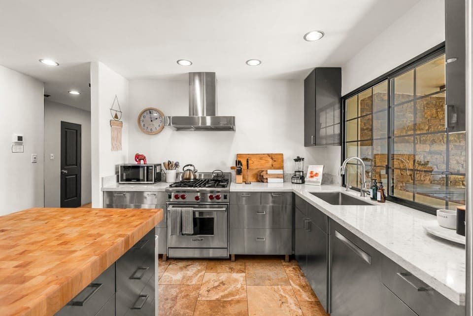 Updated kitchen with stainless steel Wolf appliances