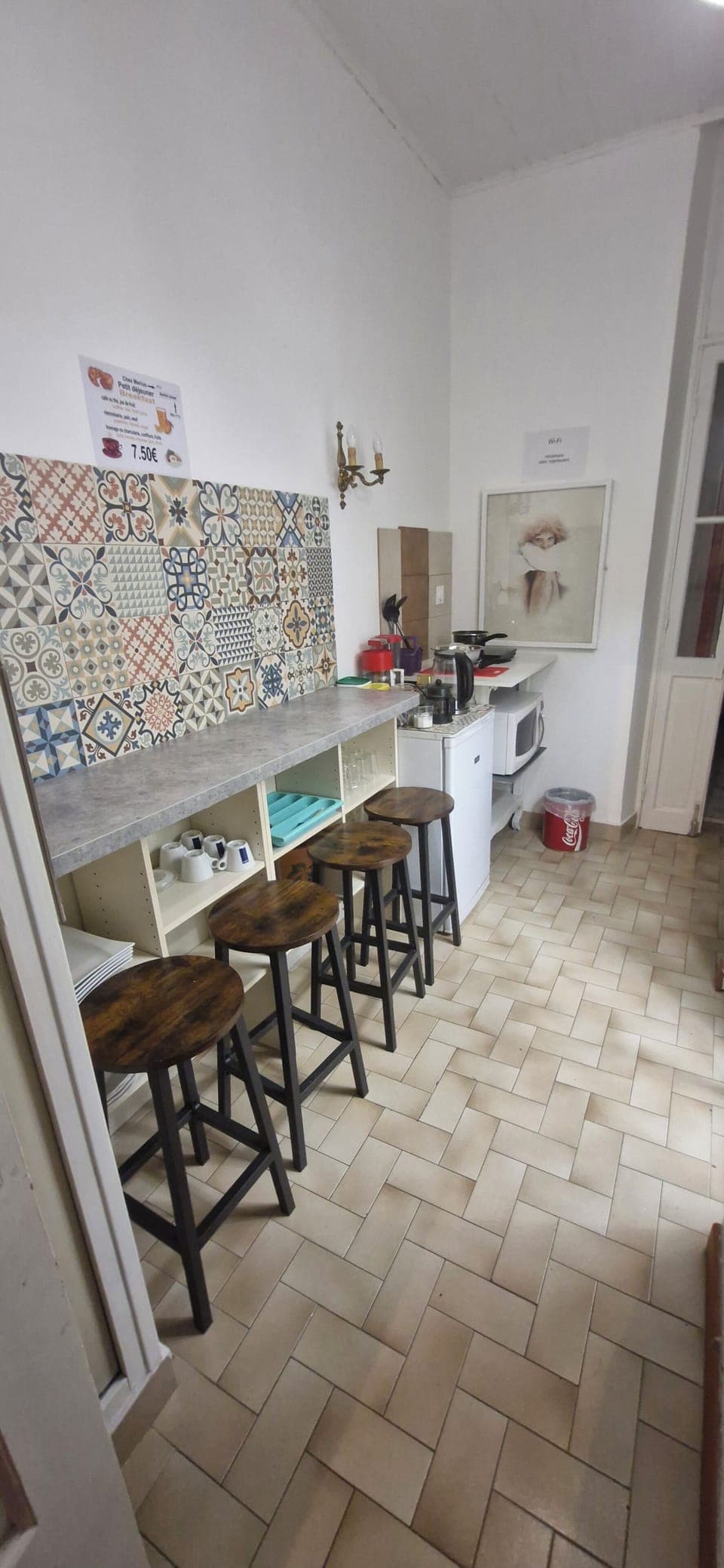 Mini-fridge, microwave, stovetop, cookware/dishes/utensils