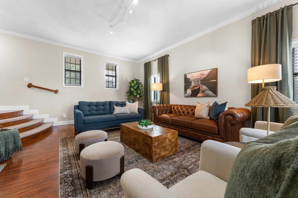 Curl up in the chic living room & enjoy a movie night at home