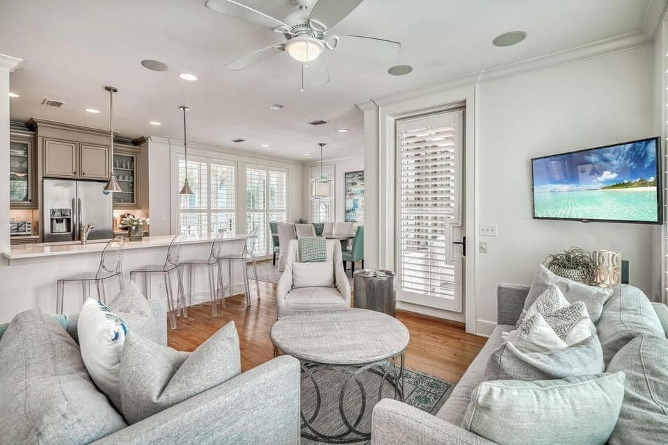 Open Living, Kitchen, Dining, with Balcony