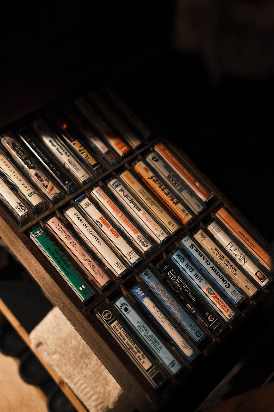 Vintage cassette tape collection wooden rack cosy cabin