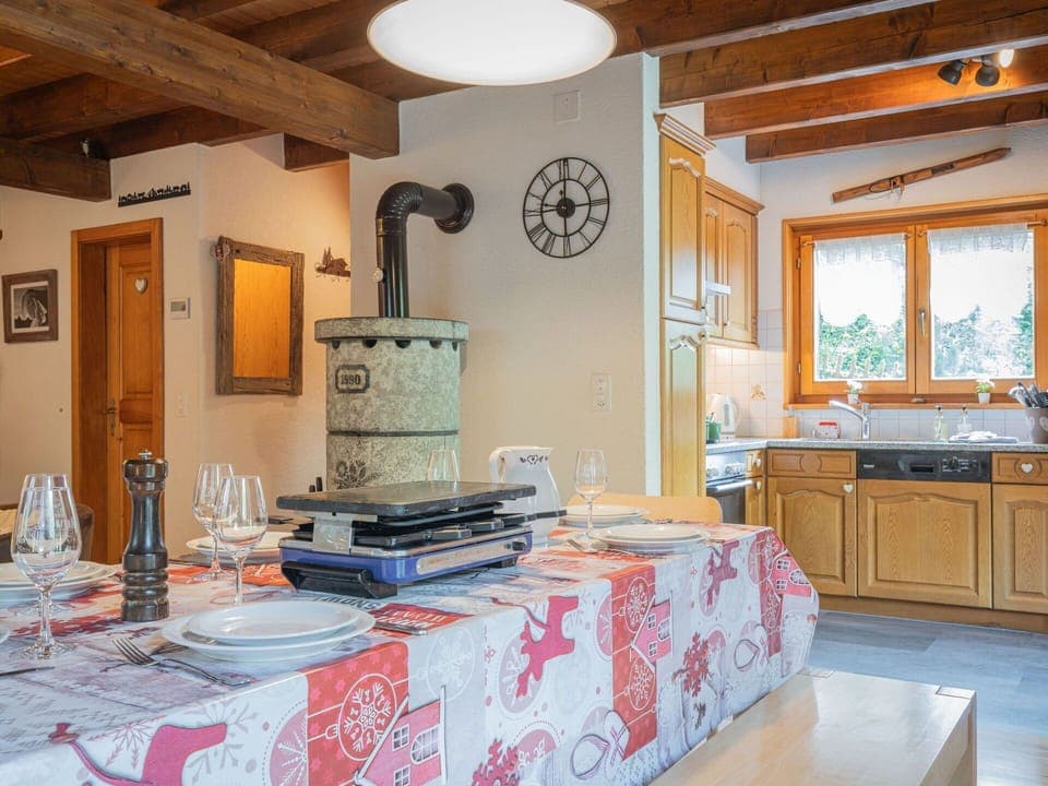 Furniture, Interior Design, Flooring, Wood, Ceiling, Light Fixture, Kitchen, Room, Countertop, Floor