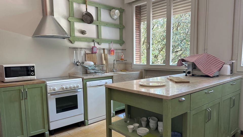 Full-size fridge, microwave, oven, stovetop