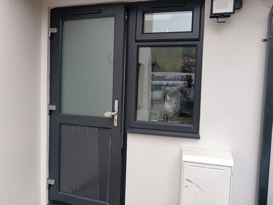 Private side entrance with front parking for one car, night floodlight and plenty of outside space.