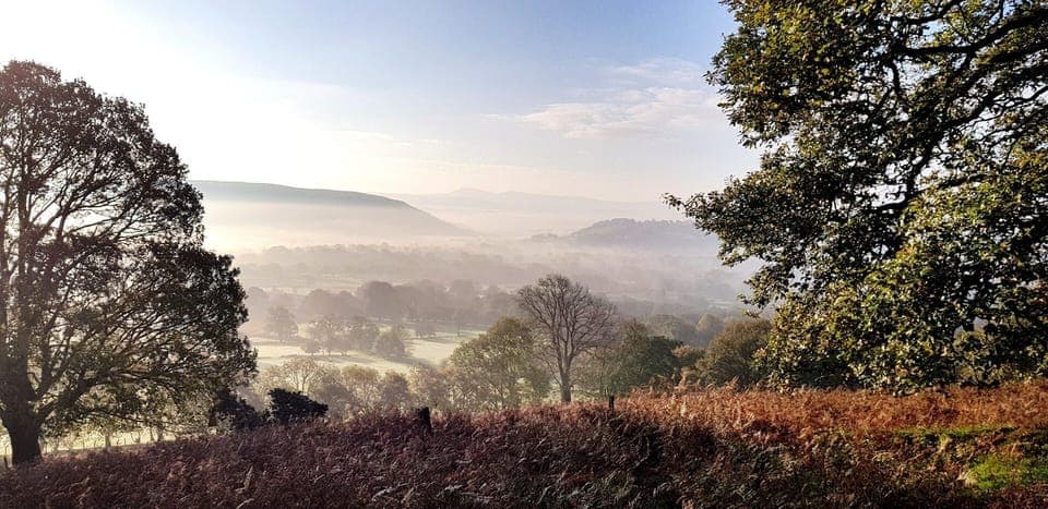 View across misty fields to the Cambrian Mountains