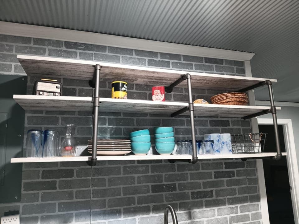 pots & pans in drawers, glasses, wine glasses, silverware, plastic kid dishes