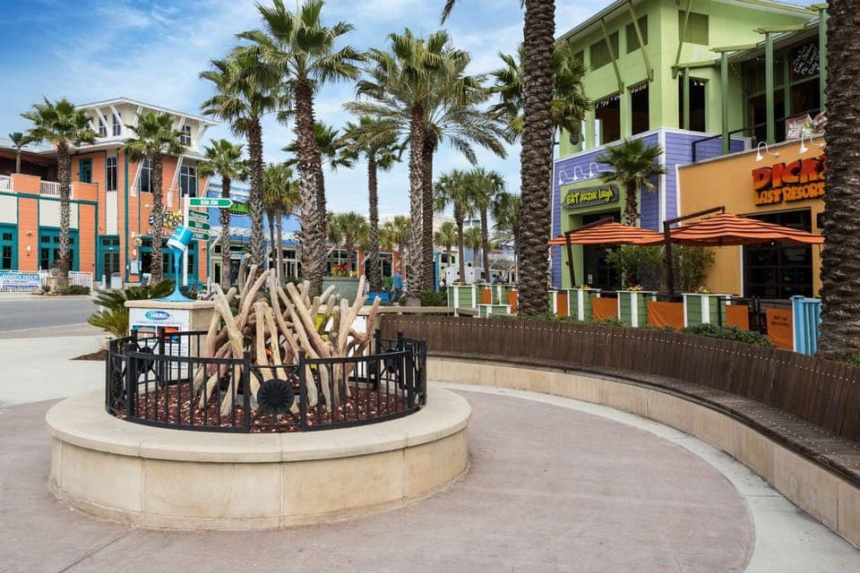 Public art installations abound in walkable Pier Park, just across from the emerald green waters of the gulf coast.