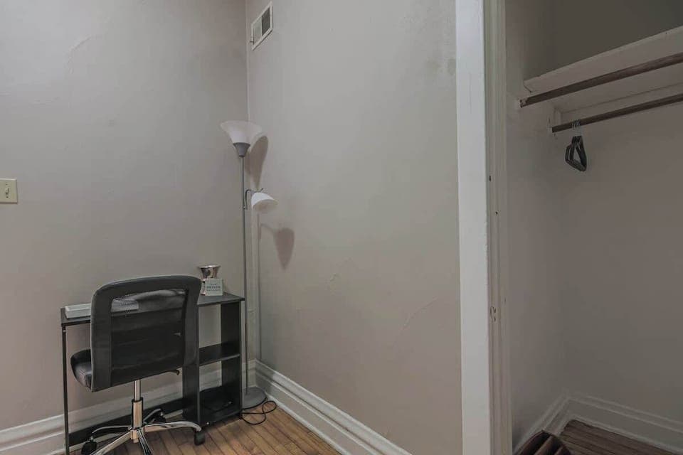 Dedicated workspace w/ desk and chair for remote work or study time.