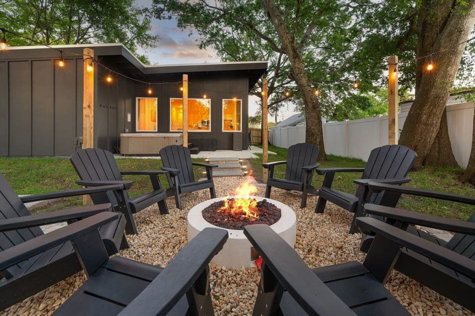Backyard fire pit with lighting