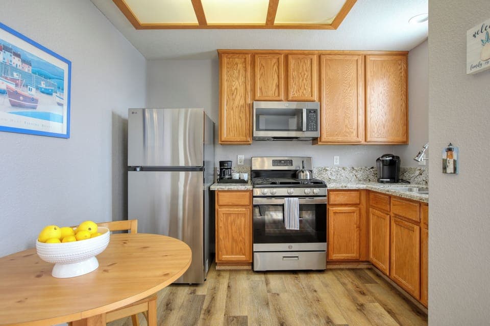 Cook, brew, and relax — our kitchen has everything you need, including your morning coffee fix.