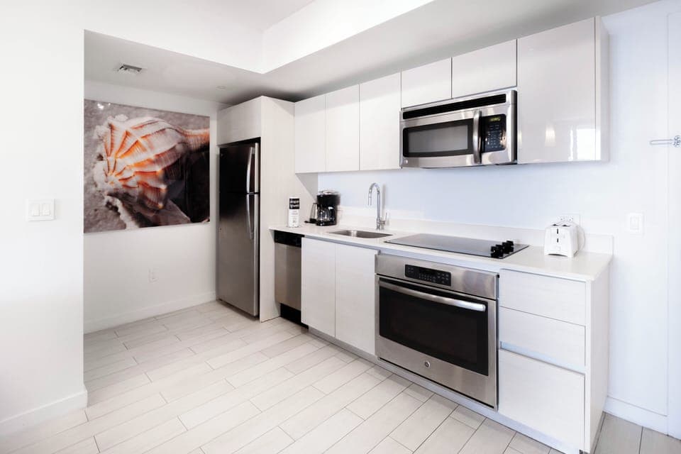 Full-size fridge, microwave, oven, dishwasher