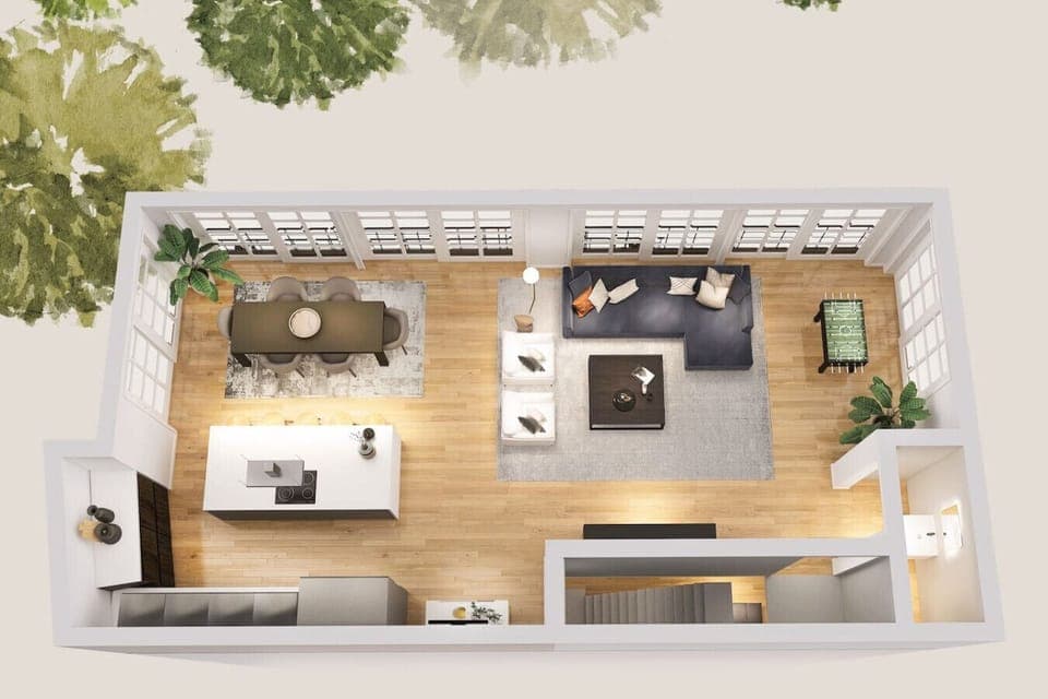 Level 2: Living Room, Kitchen, Dining area, Games corner and cloakroom,You will love the layout of the Penthouse living space.  You get lovely views of the trees when you  are cooking in the kitchen or playing games and relaxing in the living room.