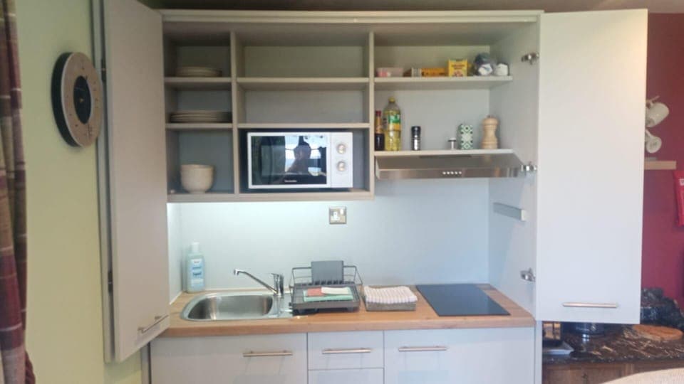 Fridge, microwave, stovetop, electric kettle