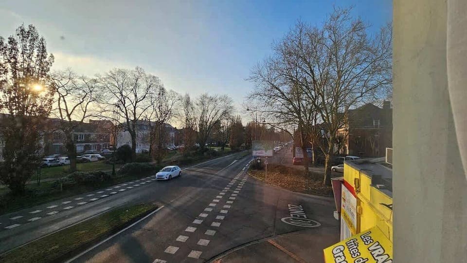Vue sur le parc depuis la cuisine et le salon/salle-à-manger.